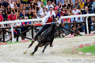 Il cavaliere Fabio Picchioni del Sestiere Porta Romana alla curva del Carmine durante la 1^ tornata.