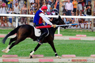 Il cavaliere Fabio Picchioni del Sestiere Porta Romana si prepara alla curva del Cassero durante la 3^ tornata.