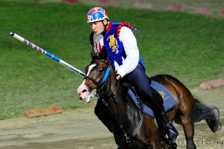 Il cavaliere Fabio Picchioni del Sestiere Porta Romana in sella a Genoria sul rettilinio finale.
