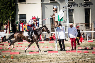 Il cavaliere Fabio Picchioni del Sestiere Porta Romana in sella a Genoria al terzo assolto al moro.