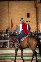 Il&nbsp;cavaliere&nbsp;Lorenzo&nbsp;Melosso&nbsp;del&nbsp;Sestiere&nbsp;Porta&nbsp;Romana&nbsp;in&nbsp;sella&nbsp;a&nbsp;Tago&nbsp;Island&nbsp;durante&nbsp;il&nbsp;riscaldamento.